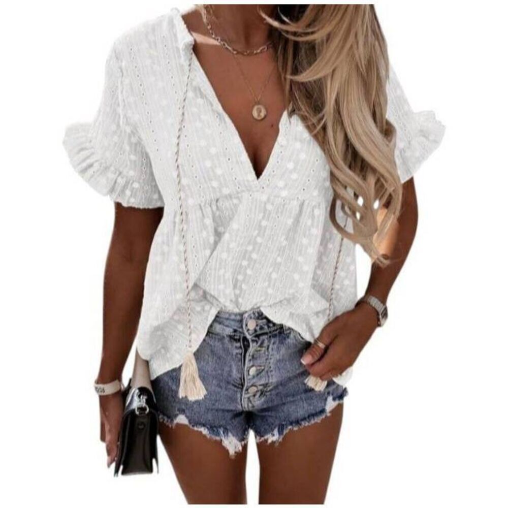 MIDUO WHITE EYELET BABYDOLL TOP SZ.M EUC.